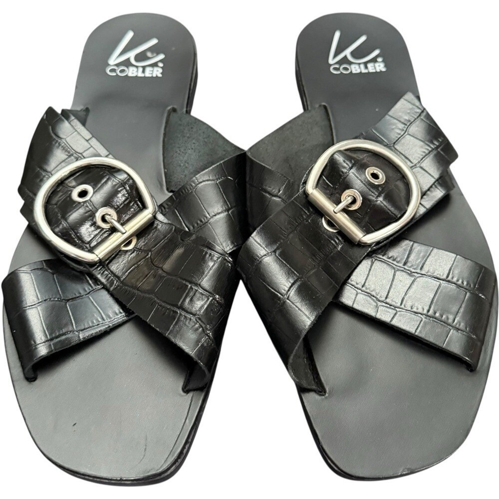 K Cobler Italian Black Leather‎ / Silver Buckle Flat Sandals Size 39 / 8.5